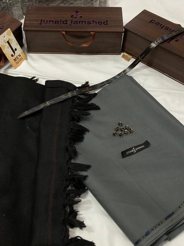J.EXCULSIVE SUIT+SHAWL PAIR (SPECIAL PACKING WOODEN BOX) (GREY SUIT+BLACK SHAWL)